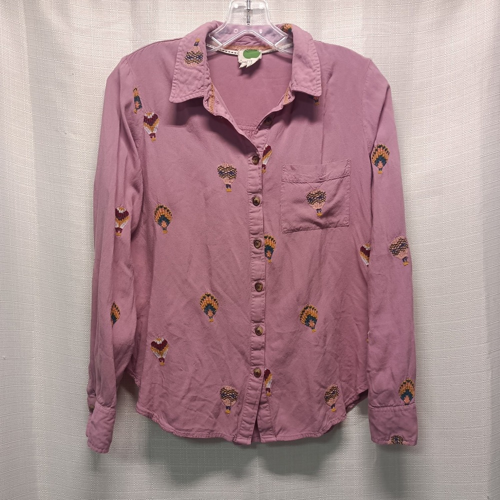 Anthropologie Blouse Womens 8 County Fair Embroidered Hot‎ Air Balloons Casual